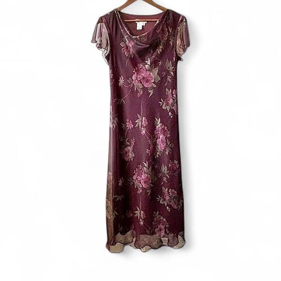 Coldwater Creek Plum Floral Chiffon Maxi Dress Cowl Neck Flutter Sleeve 10 - Picture 7 of 8
